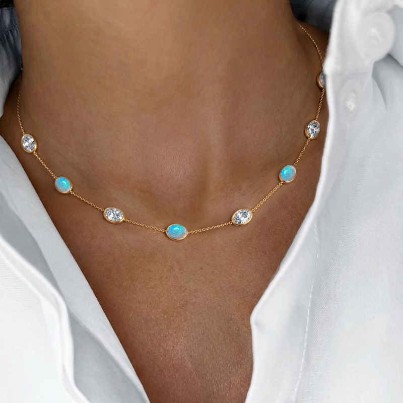 Golden Bezel Oval Cut Opal Tennis Necklace For Women