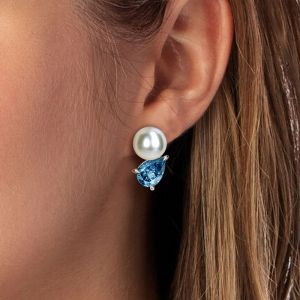 Aquamarine Pear Cut & Pearl Stud Earrings