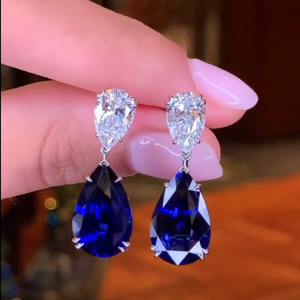 Created Sapphire Pear Cut Drop Earrings