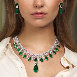 Pear Cut Emerald Sapphire Necklace & Earrings Set