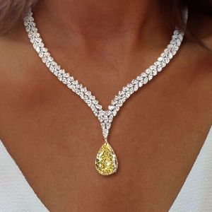 Two Tone Double Row Pear Cut Yellow Sapphire Pendant Necklace For Women