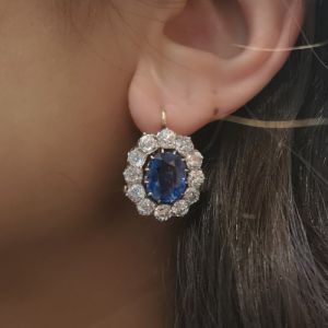 Blue Sapphire Oval Cut Cluster Drop Earrings