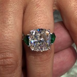 Three Stones Cushion Cut Emerald Engagement Ring