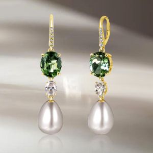 Golden Oval Cut & Pearl Peridot Drop Earrings
