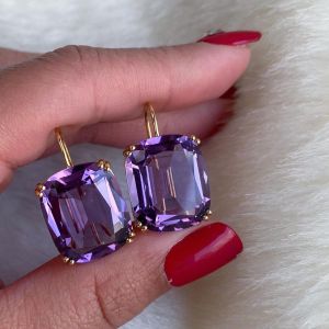 Golden Double Prong Cushion Cut Purple Drop Earrings