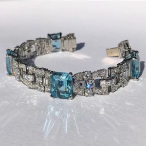 Geometric Design Emerald Cut Aquamarines Sapphire Bracelet