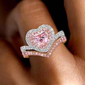 Two Tone Halo Heart Cut Pink Sapphire Bridal Set For Women