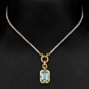 Two Tone Emerald Cut Aquamarine Sapphire Pendant Necklace