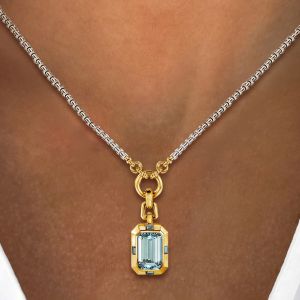 Two Tone Emerald Cut Aquamarine Sapphire Pendant Necklace