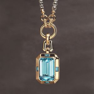 Two Tone Emerald Cut Aquamarine Sapphire Pendant Necklace