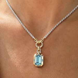 Two Tone Emerald Cut Aquamarine Sapphire Pendant Necklace