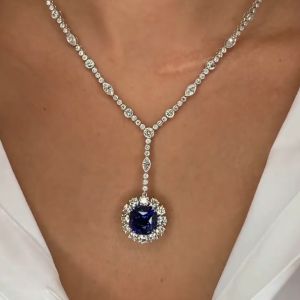 Vintage Inspired Halo Cushion Cut Royal Blue Sapphire Necklace