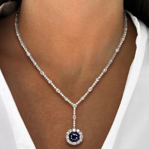 Vintage Inspired Halo Cushion Cut Royal Blue Sapphire Necklace For Women 