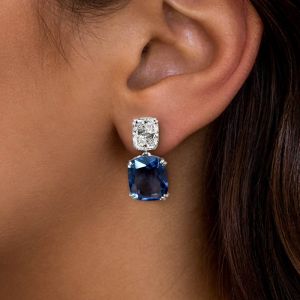 Double Prong Cushion Cut Blue Sapphire Drop Earrings