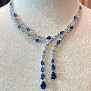 Layer Design Pear Cut Blue Sapphire Lariat Necklace