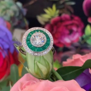 Double Halo Round Cut Emerald & White Sapphire Engagement Ring
