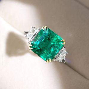Three Stone Asscher Cut Emerald Sapphire Engagement Ring