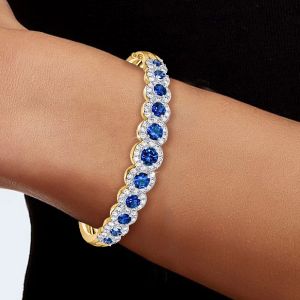 Vintage Two Tone Halo Round Cut Royal Blue Sapphire Bracelet