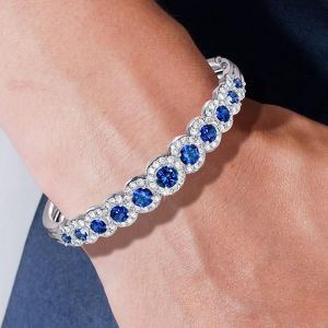 Vintage Two Tone Halo Round Cut Royal Blue Sapphire Bracelet