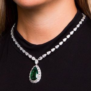 Halo Pear Cut Emerald Sapphire Pendant Necklace