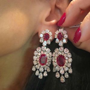 Two Tone Twinning Oval Cut Ruby Sapphire Drop Earrings