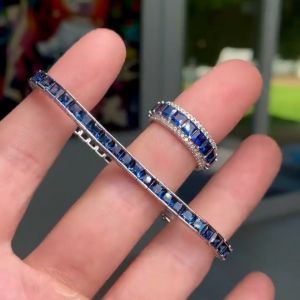Blue Sapphire Asscher Cut Band & Bracelet Sets