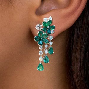 Flower Design Pear & Round Cut Emerald Sapphire Drop Earrings For Women 