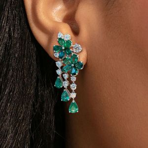 Flower Design Pear & Round Cut Emerald Sapphire Drop Earrings For Women