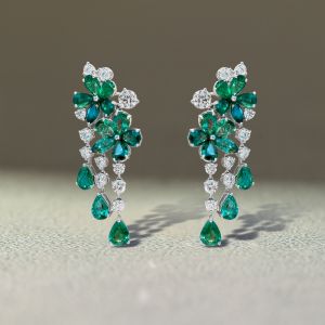 Flower Design Pear & Round Cut Emerald Sapphire Drop Earrings For Women 