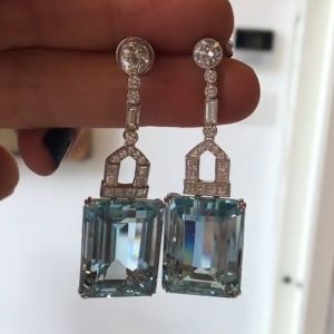Emerald & Round Aquamarine Sapphire Drop Earrings