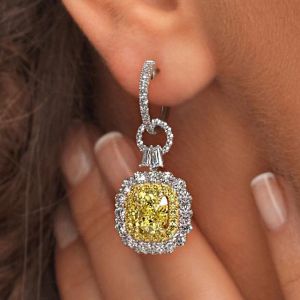 Two Tone Double Halo Cushion Cut Yellow Sapphire Drop Earrings