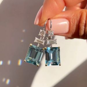 Two Tone Emerald Cut Aquamarine Sapphire Drop Earrings