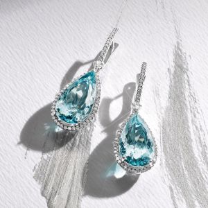 Halo Pear Cut Aquamarine Sapphire Drop Earrings