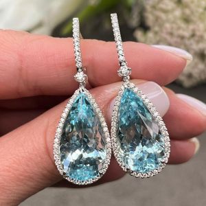 Halo Pear Cut Aquamarine Sapphire Drop Earrings