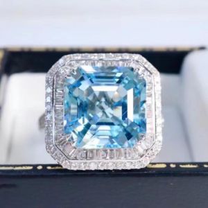 Double Halo Asscher Cut Aquamarine Sapphire Engagement Ring