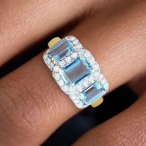 Three Stone Emerald Cut Aquamarine Sapphire Engagement Ring
