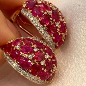 Rose Gold Italian Style Oval Cut Ruby Sapphire Hoops Earrings