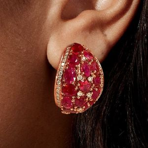 Rose Gold Italian Style Oval Cut Ruby Sapphire Hoops Earrings