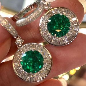 Luxury Double Halo Round Cut Emerald Sapphire Drop Earrings