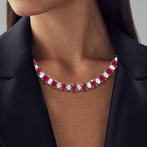 Classic Oval Cut Ruby Sapphire Tennis Necklace For Women