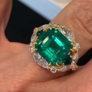 Golden Halo Three Stone Asscher Cut Emerald Sapphire Engagement Ring