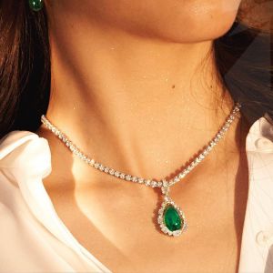 Luxury Halo Pear Cut Emerald Sapphire Pendant Necklace