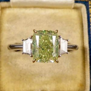 Two Tone Three Stone Light Green Cushion & Trapezoid Cut Engagement Ring