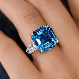 Luxury Two Tone Asscher Cut Blue Sapphire Engagement Ring