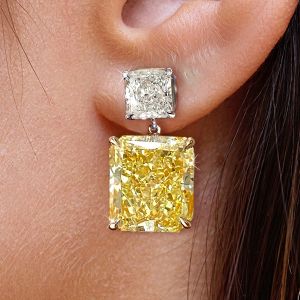 Two Tone Radiant Cut Yellow Sapphire Drop Earrings