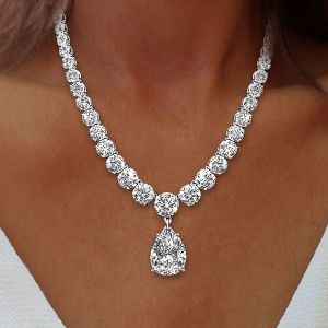 Classic Pear & Round Cut White Sapphire Pendant Necklace For Women 