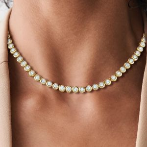 Bezel Bold Golden Round Cut White Sapphire Tennis Necklace For Women