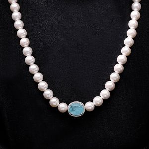 Elegant Oval Cut Pearl & Blue Sapphire Pendant Necklace