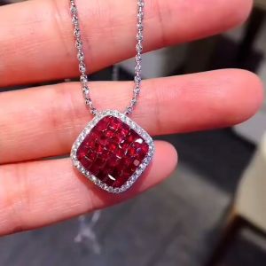 Halo Asscher Cut Ruby Sapphire Pendant Necklace