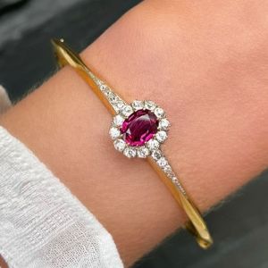 Elegant Golden Halo Oval Cut Ruby Sapphire Bracelet For Women